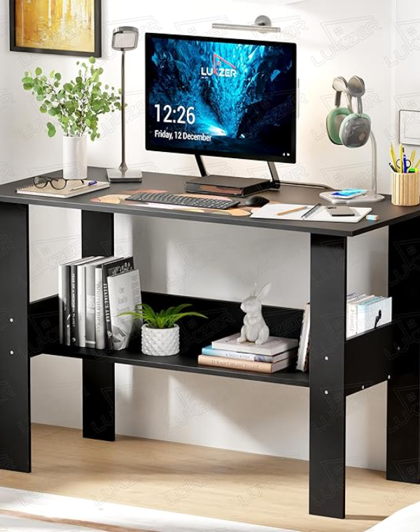Lukzer Engineered Wood Computer Desk with One Tier Shelves for Study & Office (White) - Lukzer Engineered Wood Computer Desk with One Tier Shelves Laptop Study Table for Office & Workstation (Black)